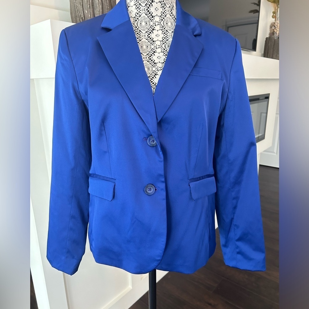 Bright electric blue satin lined blazer jacket with pleated back detail